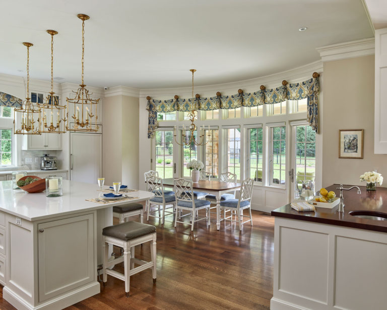 kitchen with island and bay window