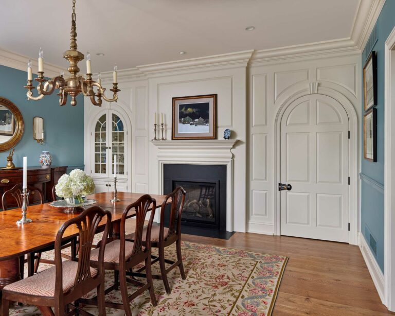 Chester County farmhouse formal blue dining room with custom millwork