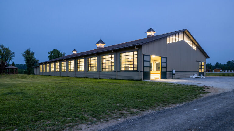 Horse training arena in Cochranville, PA at dusk