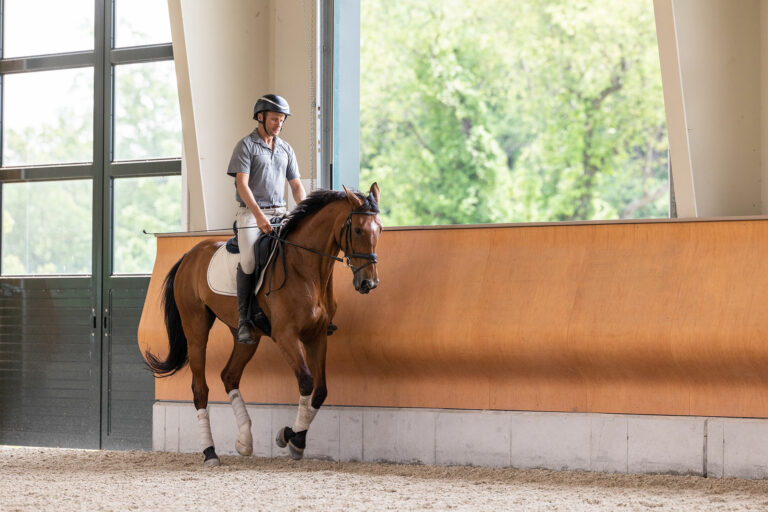 International eventing athlete Boyd Martin on horse next to kick wall in indoor training arena