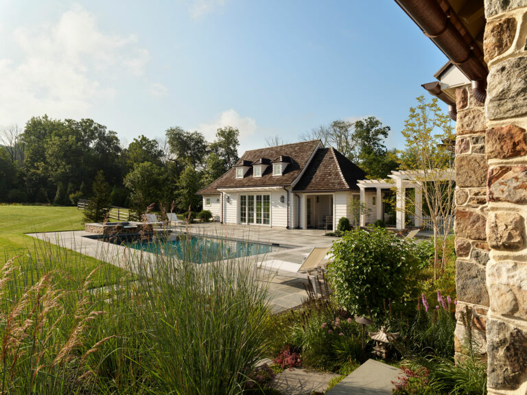 Pool house and pool of Chester County farmhouse, Chestnut Fields.