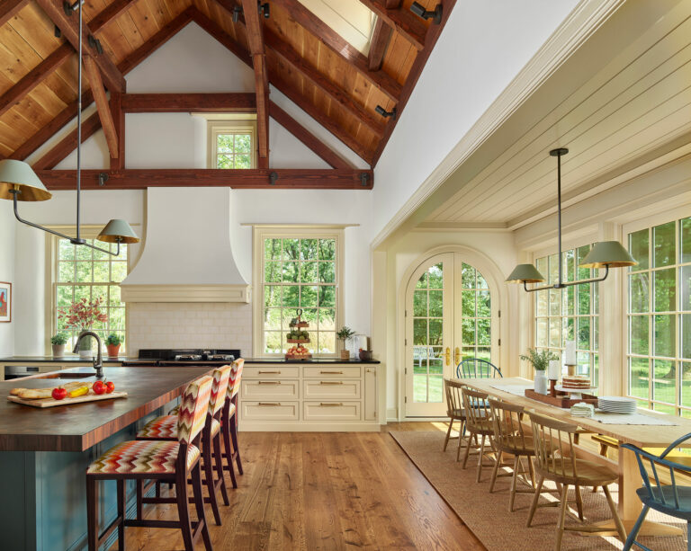 Timber frame vaulted ceiling kitchen with large island and breakfast room addition to Brognard Okie farmhouse in Willistown