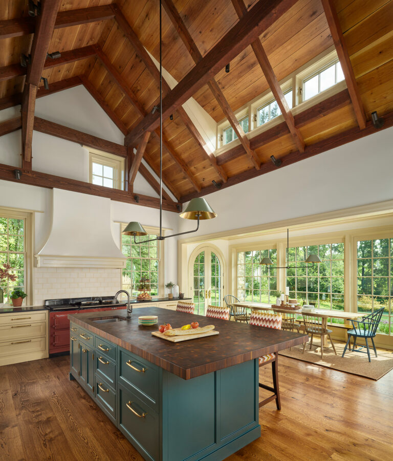 Timber frame kitchen with vaulted ceiling and breakfast room addition to Brognard Okie farmhouse in Willistown