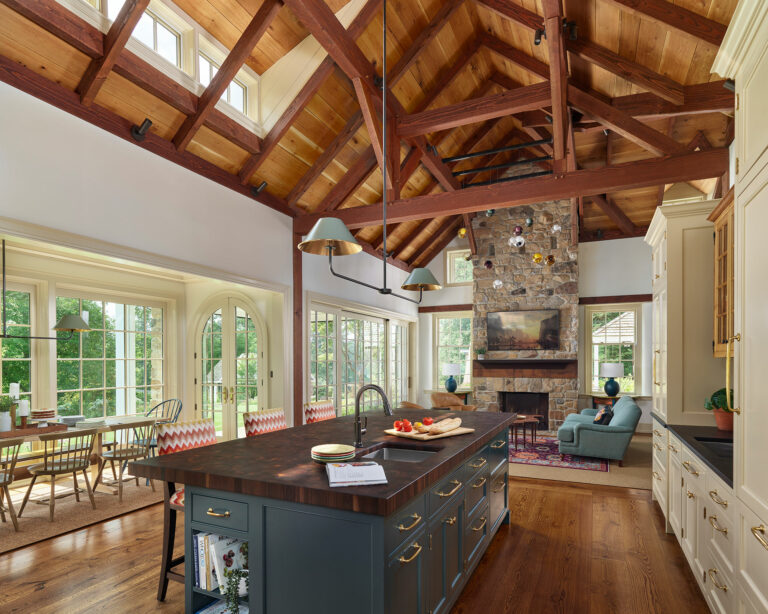 New timber frame vaulted ceiling kitchen and family room addition to Brognard Okie farmhouse in Willistown