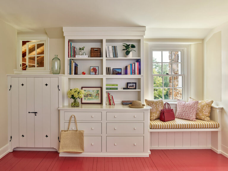 Custom designed cabinetry and built in bench for office in Brognard Okie farmhouse