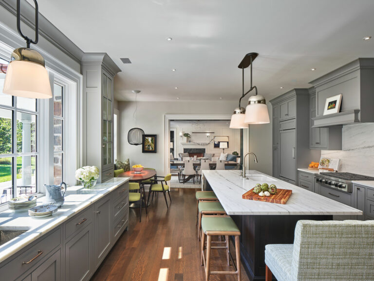 Kitchen with gray cabinets and large center island