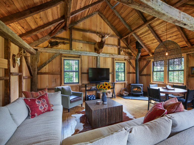 Cabin-style man cave with wood burning stove