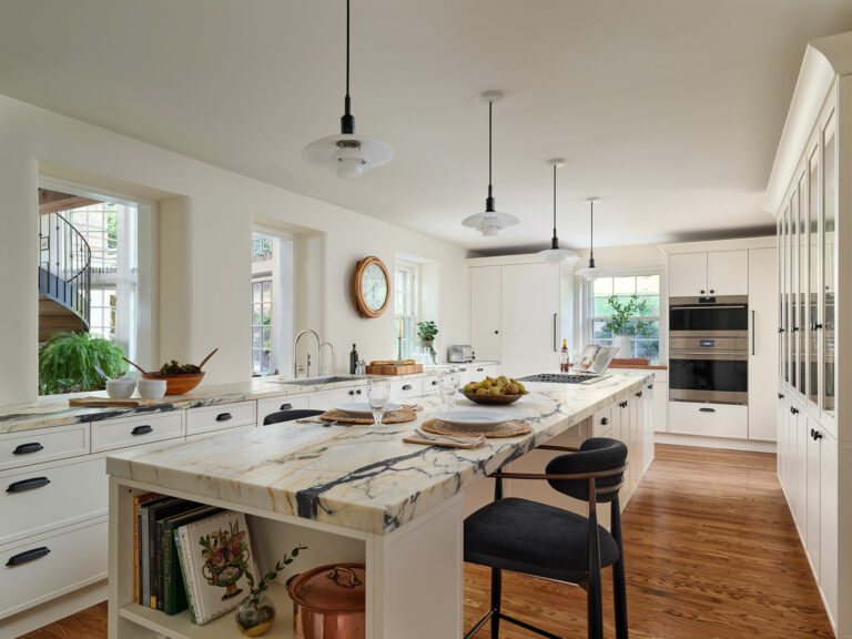 Bright white kitchen with large island