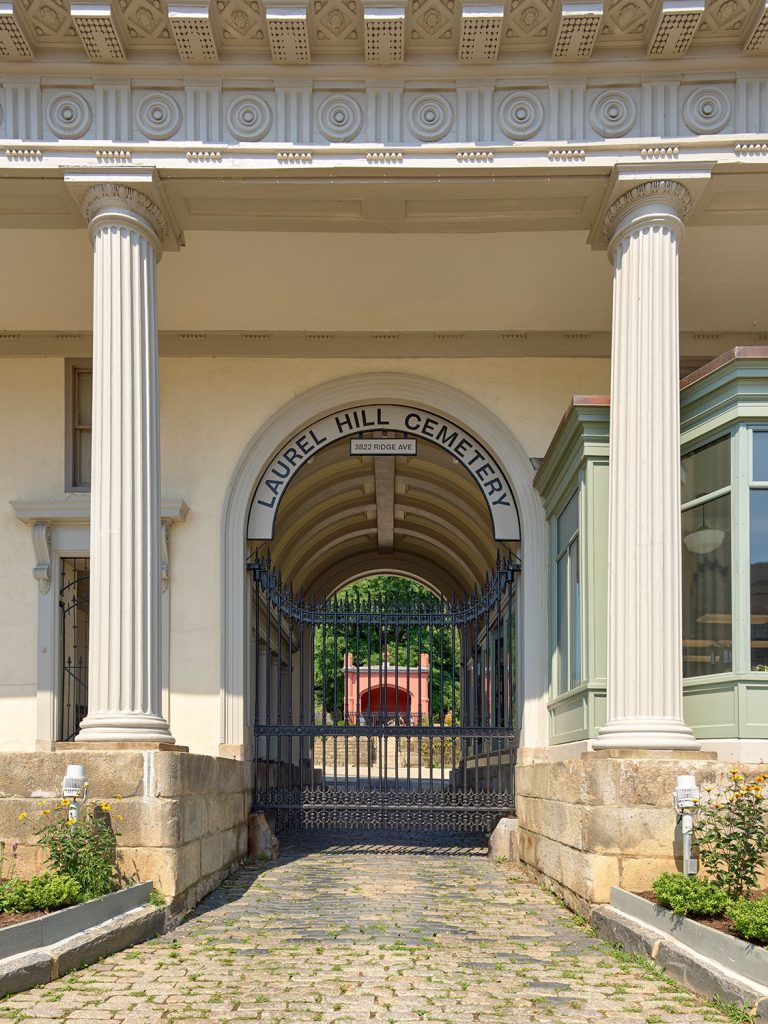 porte cochere entry flanked by columns Laurel Hill Gatehouse Exterior Rehabilitation