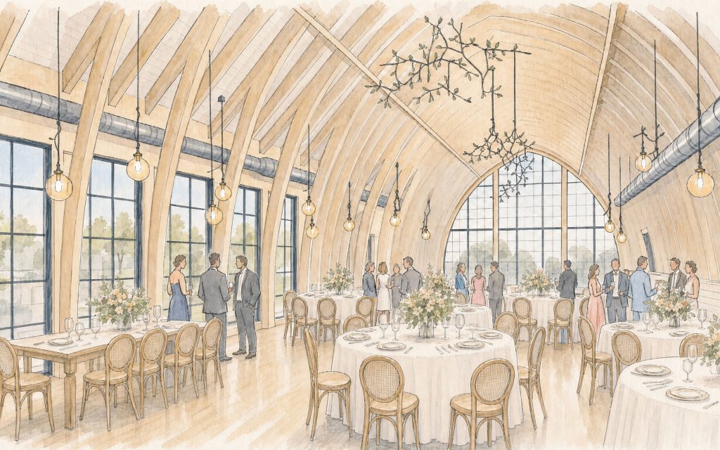 rendering of interior of Willowdale event venue in Kennett Square PA showing large wooden arches and expanses of glass