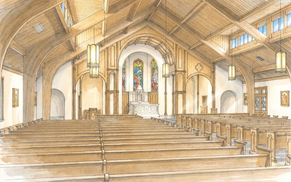 rendering of interior renovations at St. John Neumann church in Bryn Mawr, Pennsylvania